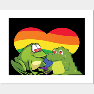 cute frog and gator in love pride heart Posters and Art
